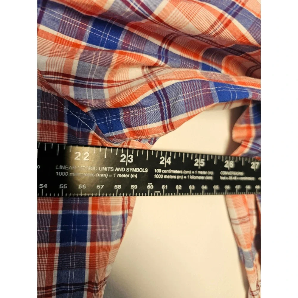 Western Banana Republic Plaid Shirt Mens Large Orange Blue Slim Fit Snap Front
